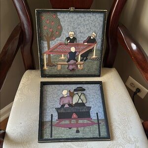 Amish folk art fabric and distressed wood farmhouse style wall hangings
